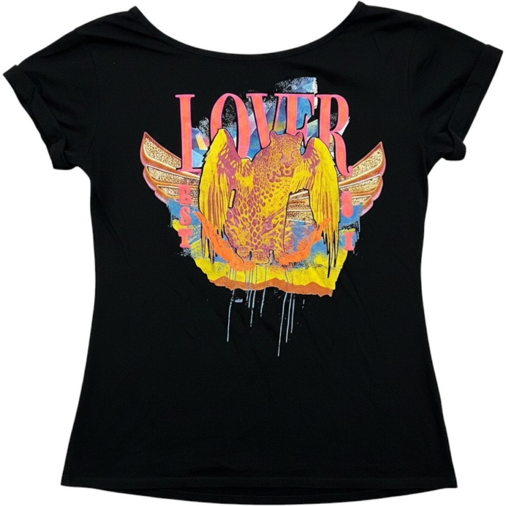 Guess EST 1981 Black Lover Winged Leopard Rhinestone Graphic Tee Y2K Punk Rebel